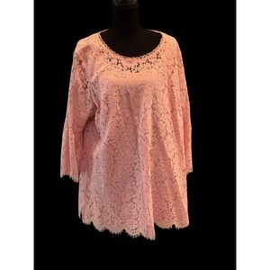 Isaac Mizrahi Live Coral Lace Tunic Top 1X Bell Slve Floral Scalloped Hem NWOT